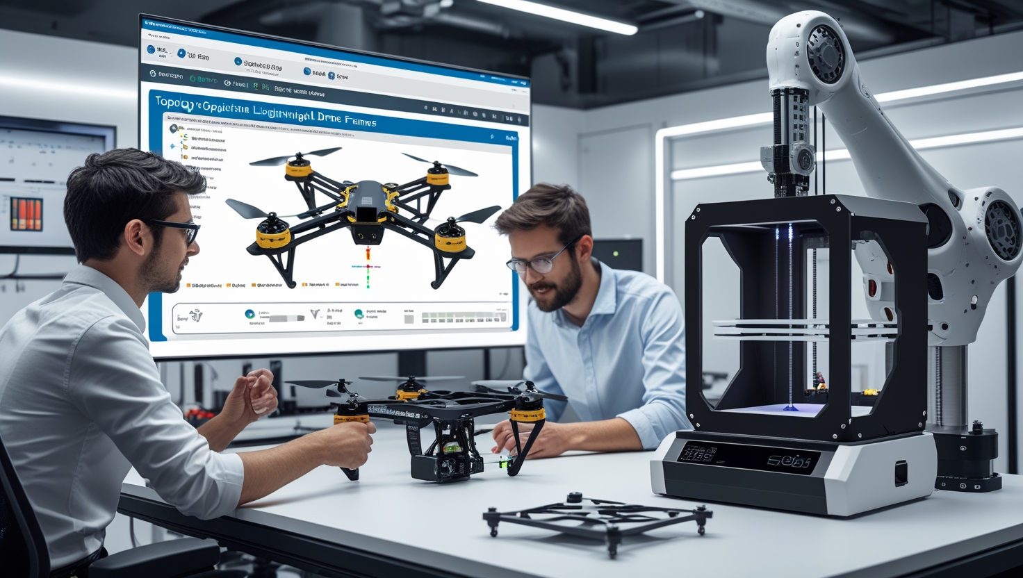 A high-tech product design lab where engineers use AI-driven simulations, CAD-integrated tools, and 3D printing to optimize drone prototypes.