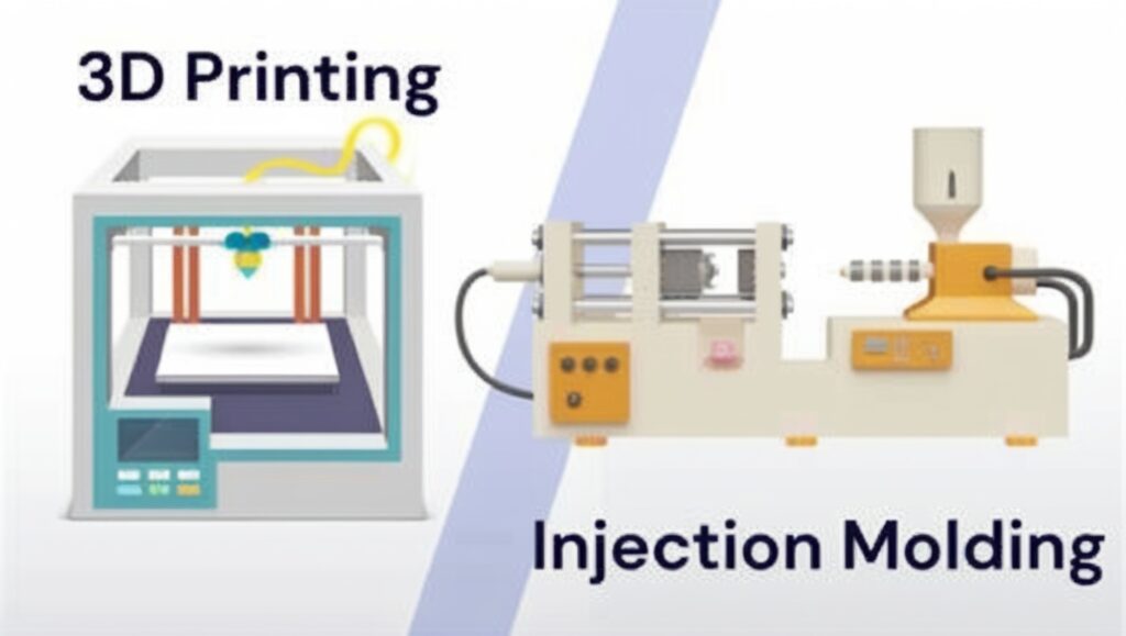Illustration comparing 3D printing and molding processes