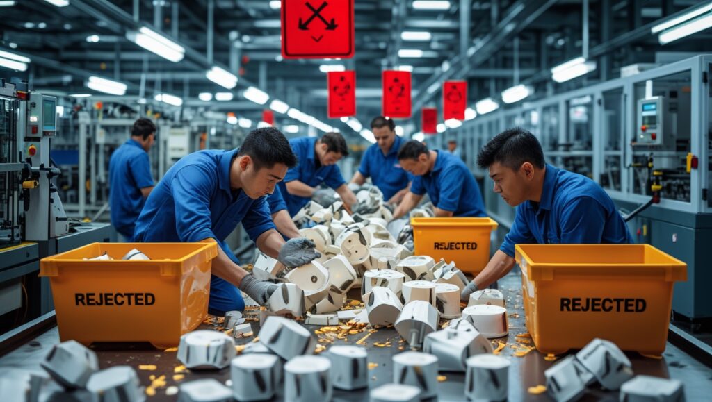 Factory workers sorting defective parts on a conveyor belt