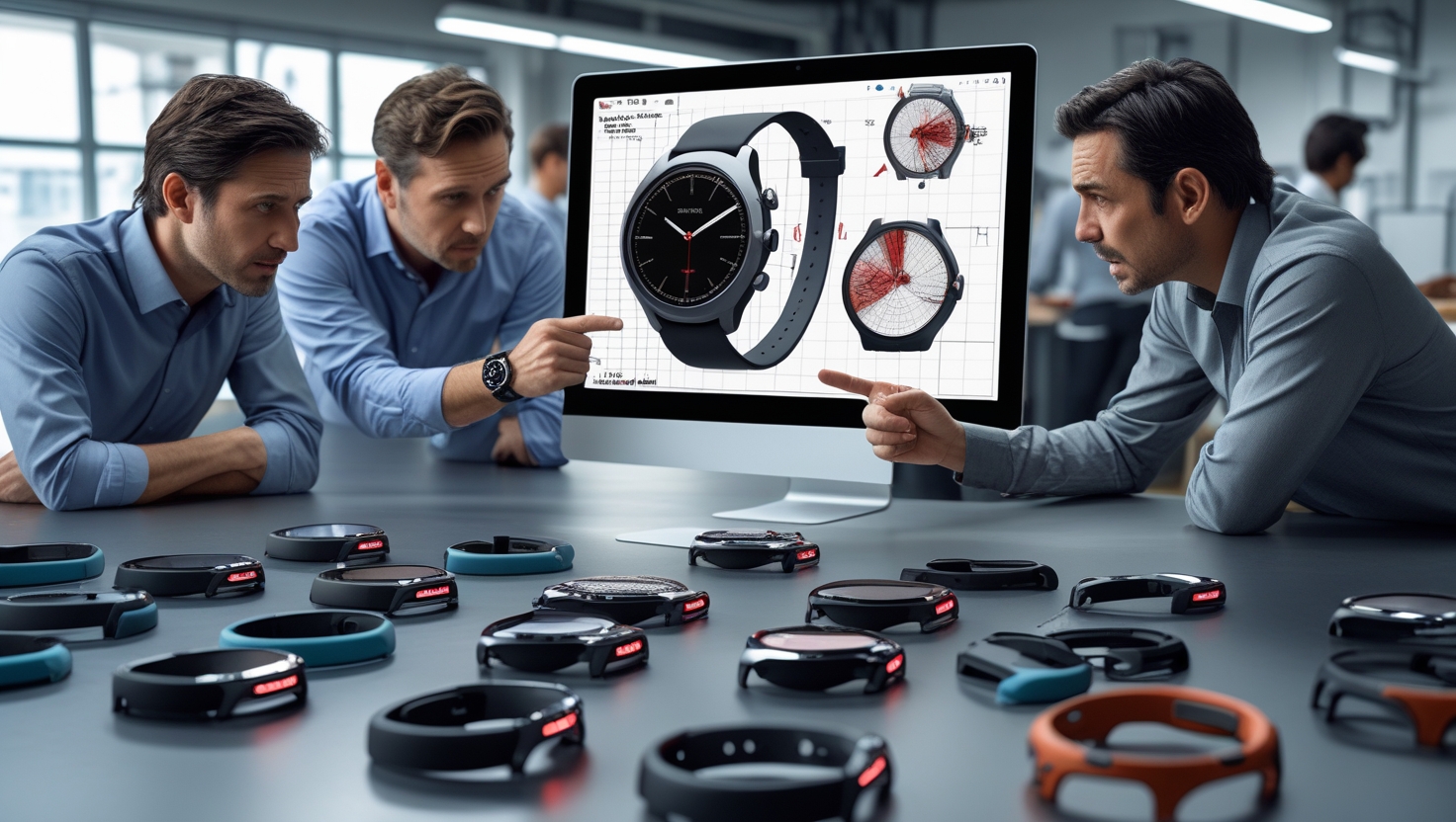 Engineers discussing smartwatch prototypes in a high-tech lab