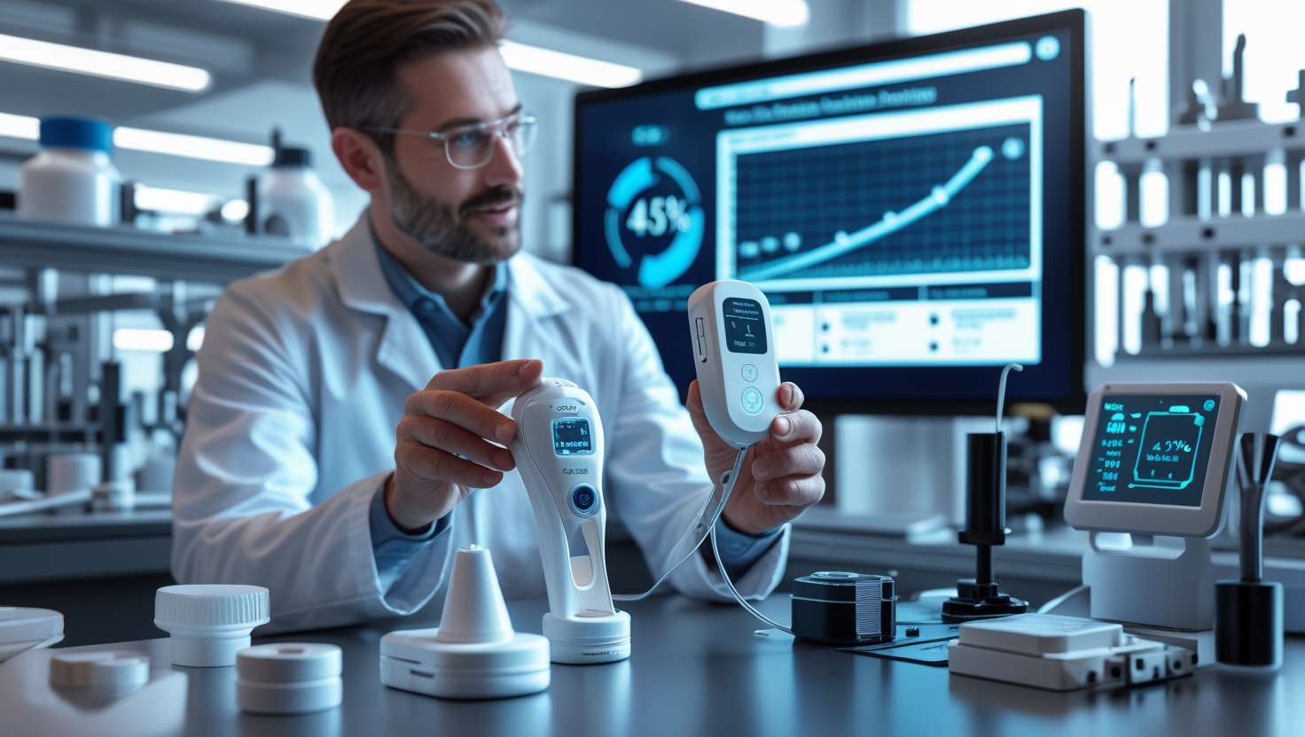 A manufacturing engineer in a laboratory comparing two medical device prototypes, demonstrating how design-for-manufacturing (DFM) principles optimize production efficiency and reduce costs.