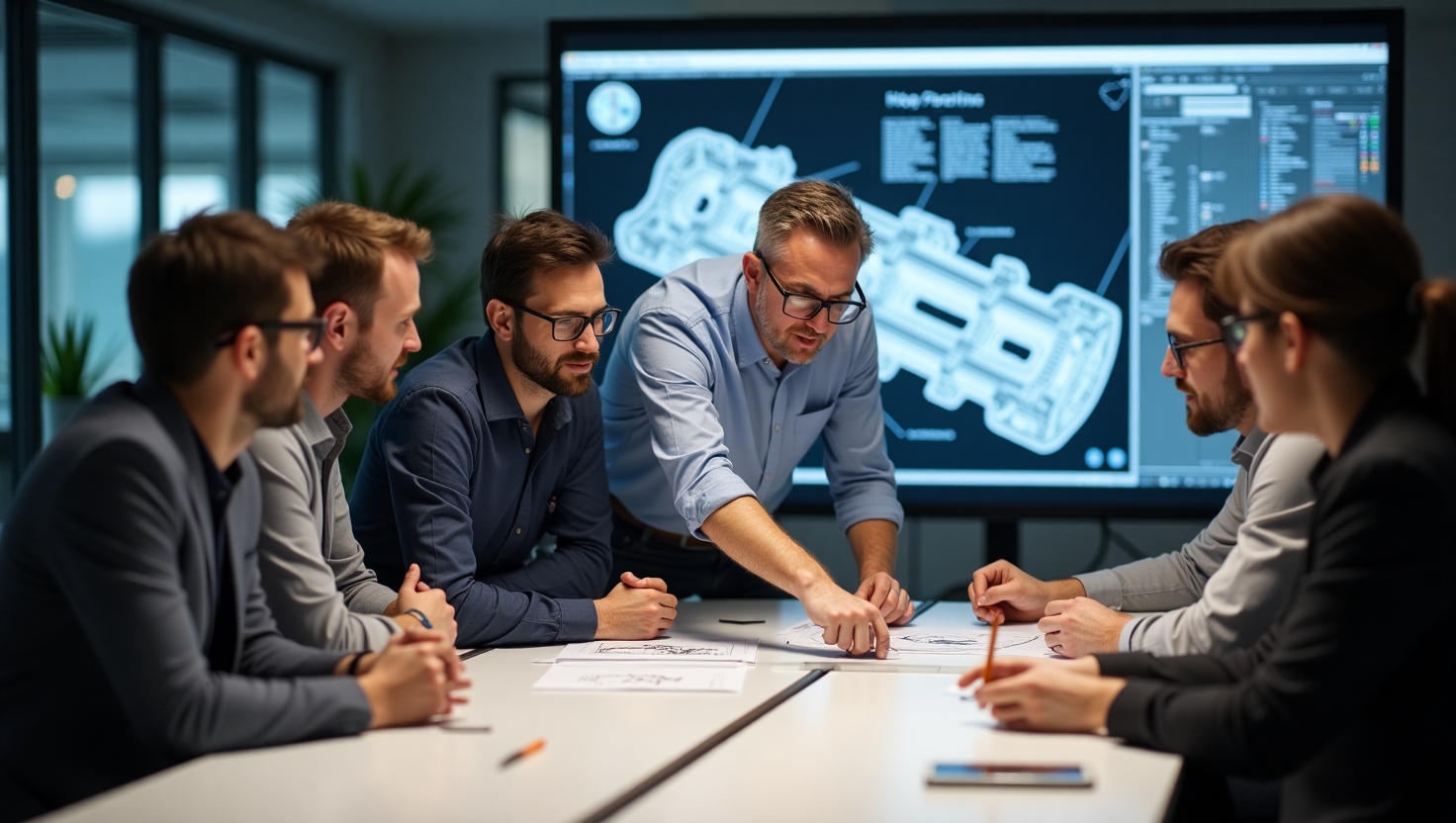 A design agency for manufacturing team collaborates in a modern office, reviewing technical blueprints and CAD designs to ensure seamless production.
