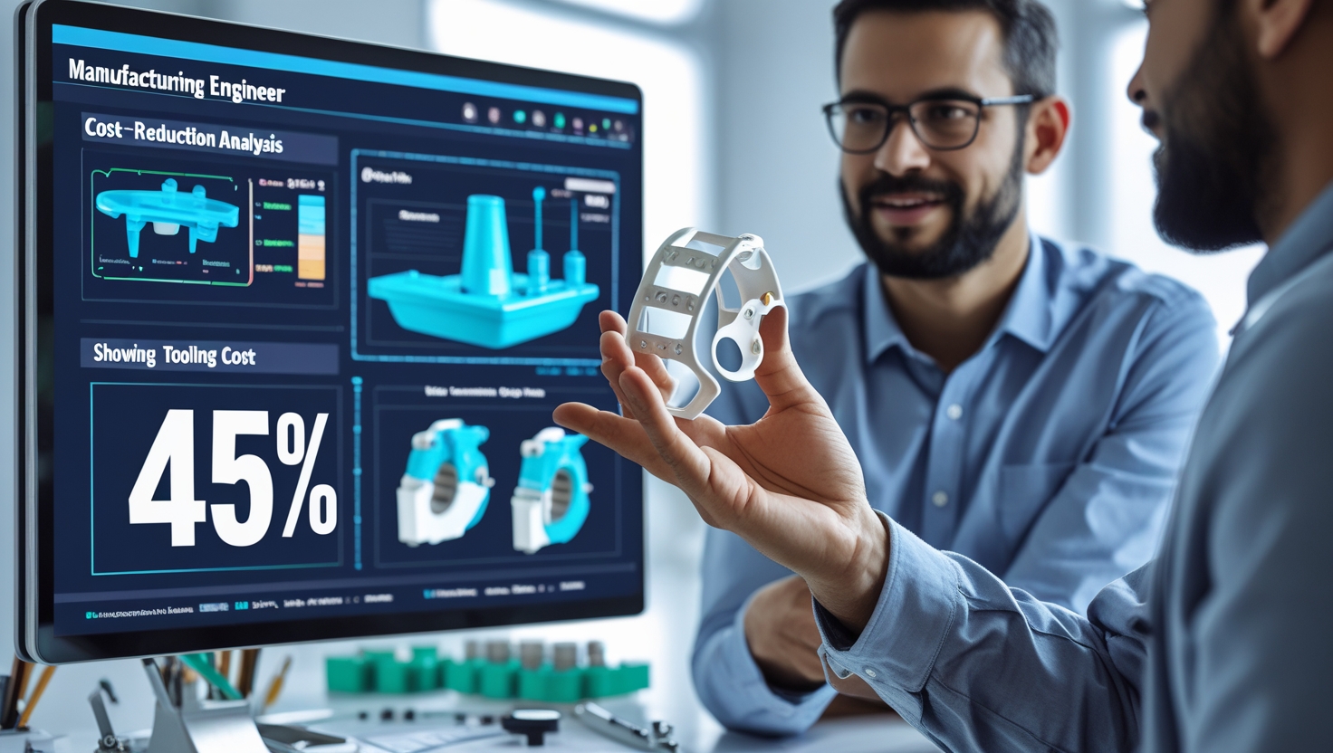 Engineers analyzing a medical device component with cost-reduction analysis displayed on a computer screen.