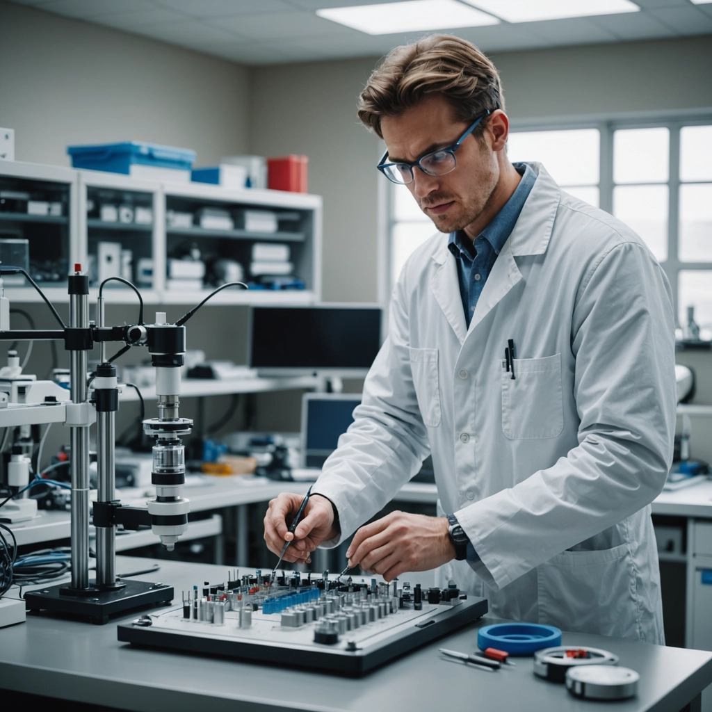 Engineer in a lab analyzing two 3D-printed medical prototypes to reduce material waste using DFM principles.