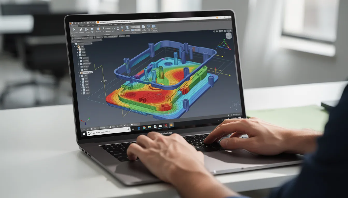 A close-up image showcases hands working on a laptop displaying CAD software, featuring a colorful 3D model of a plastic enclosure with various analysis highlights, illustrating the product design process and the critical steps in developing a design solution that meets user needs.