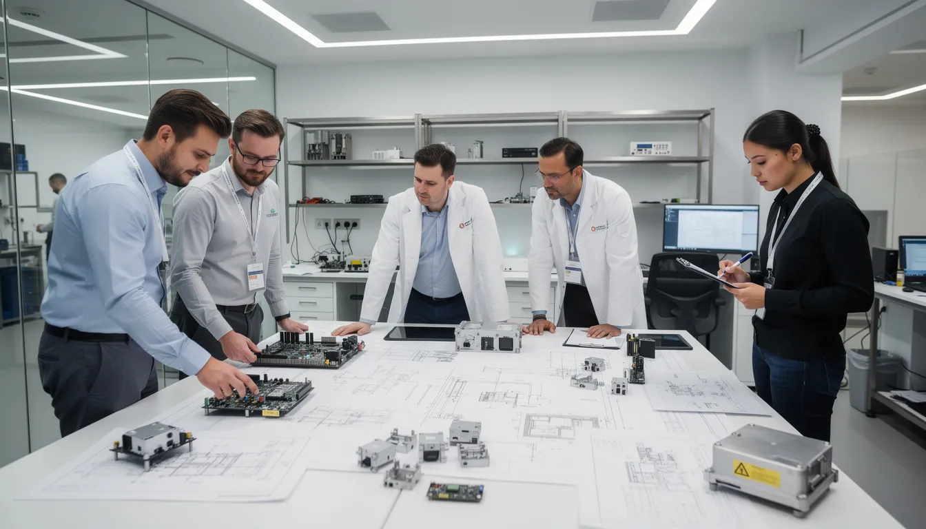 A team of engineers is gathered in a modern laboratory, collaborating over technical documents and prototypes on a large work table, focusing on the design and development process of a medical device. They are reviewing the design history file (DHF) and ensuring compliance with regulatory standards while discussing design verification and validation testing.