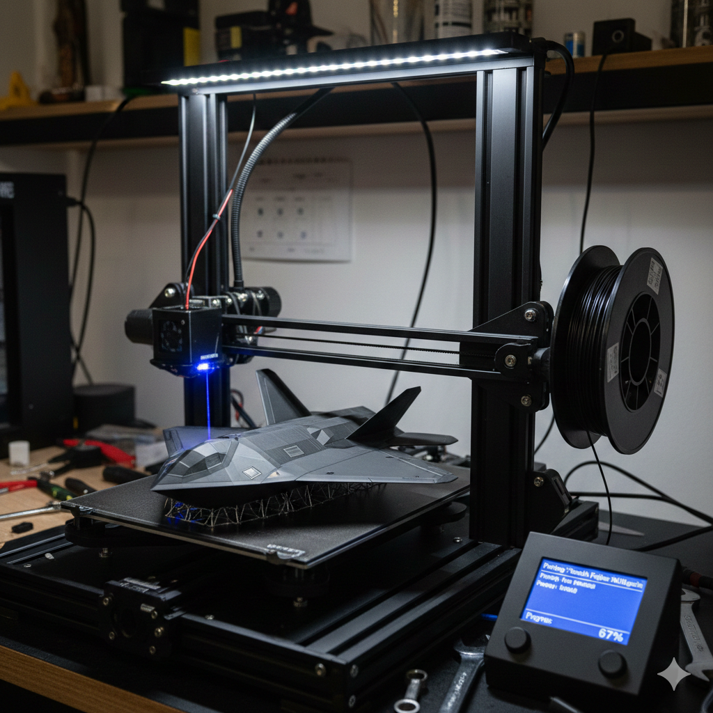 3D Printer busy printing a Stealth Fighter Jet