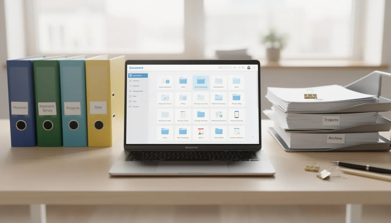 The image depicts an organized desk featuring neatly arranged file folders and documents, alongside a laptop displaying a document management interface related to the design and development process of a medical device. This setup reflects the essential elements of a design history file (DHF), emphasizing proper documentation and regulatory compliance in the medical device industry.
