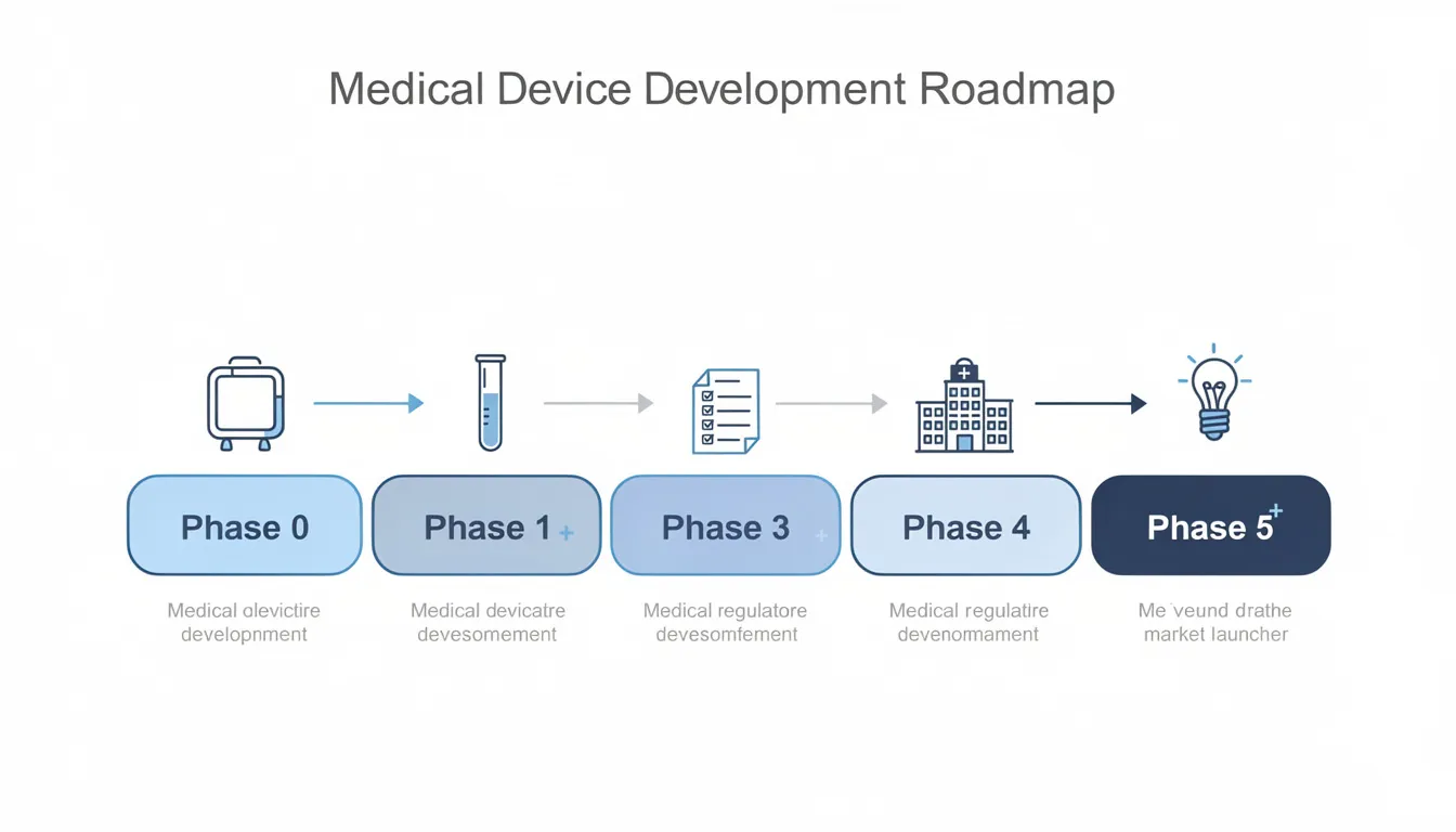 The image depicts a medical device development roadmap featuring six distinct horizontal phases, labeled from Phase 0 to Phase 5, interconnected by arrows on a clean white background with blue accents. This visual representation outlines the entire medical device development process, emphasizing key stages such as clinical trials, regulatory compliance, and product development timelines.