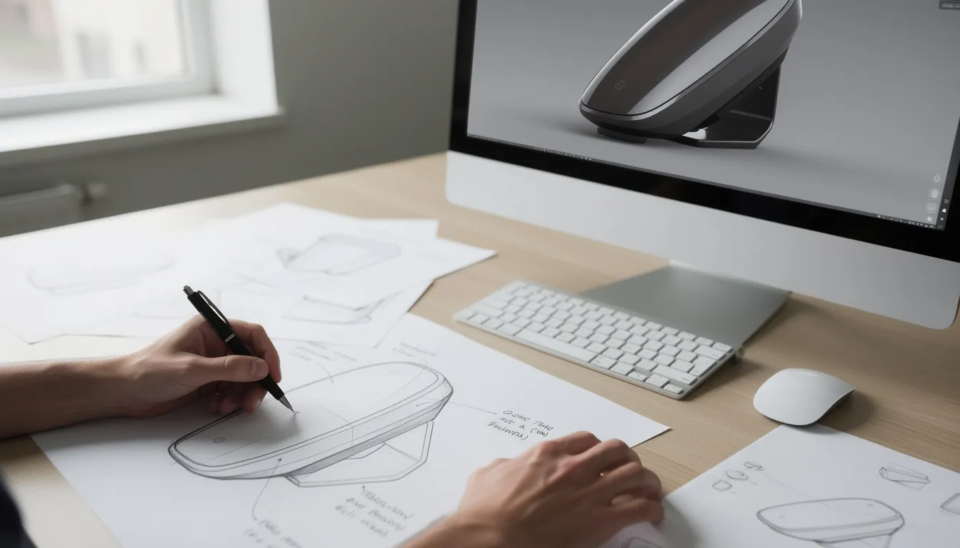 The image depicts a designer's hands actively sketching a product concept on paper, while a computer monitor beside them showcases a 3D rendered model of the same product, illustrating the design process and idea generation stage in product development. This scene highlights the critical steps taken by product designers to create innovative solutions that meet user needs and align with business objectives.