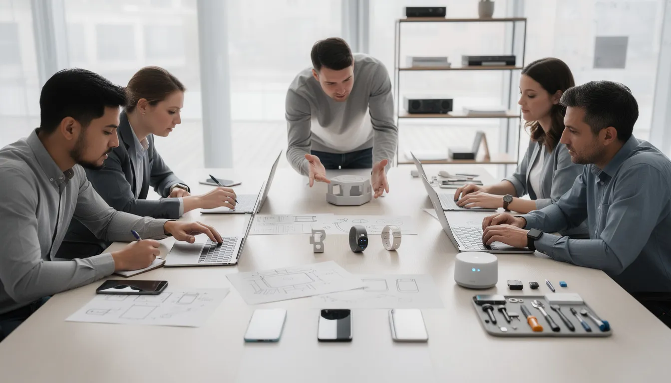 A diverse team of engineers and product designers collaborates around a table, engaging in the design process with laptop computers, sketches, and physical prototypes of electronic devices. They focus on user needs and usability testing to create effective design solutions that meet business objectives and resonate with their target audience.