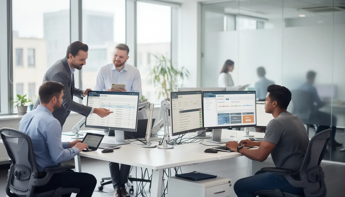 The image depicts a modern office workspace where team members collaborate around computer monitors displaying document management software, essential for the design and development process of medical devices. This environment emphasizes the importance of comprehensive documentation and quality management systems in ensuring regulatory compliance and effective design controls.