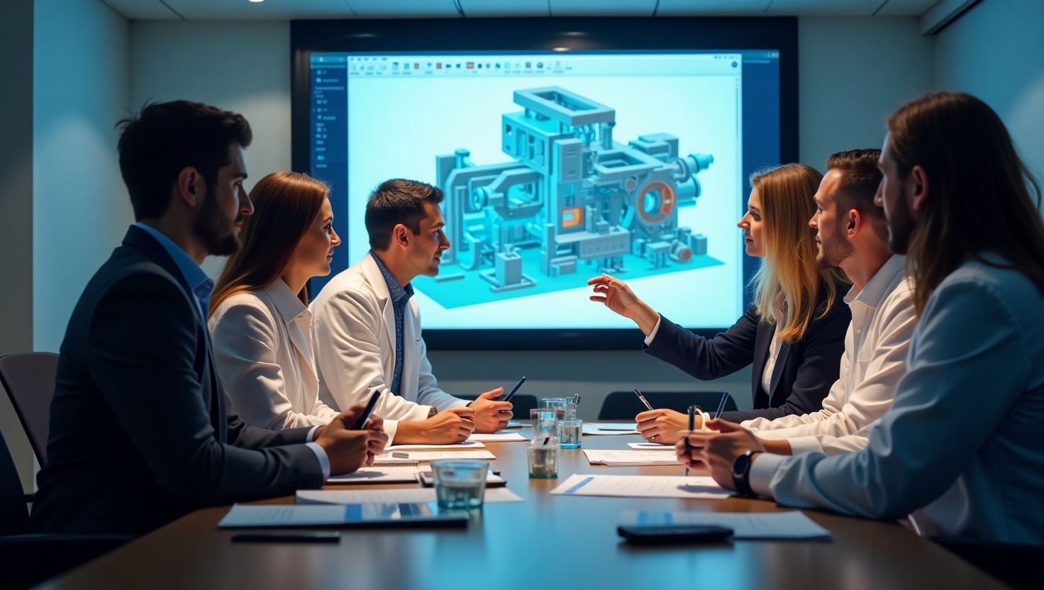 Team discussing a 3D CAD model in a conference room