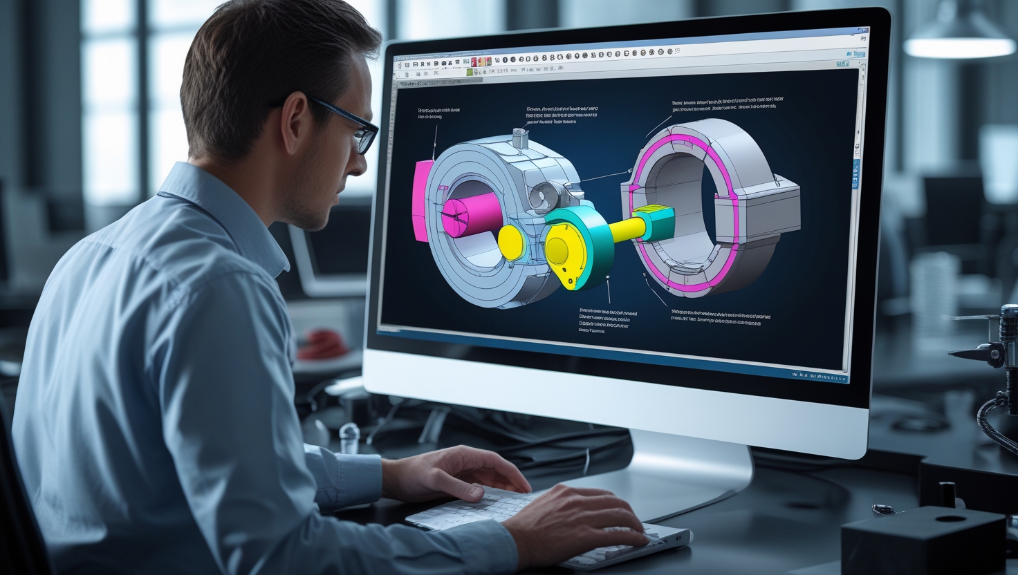 Engineer designing a mechanical component in a high-tech workspace.