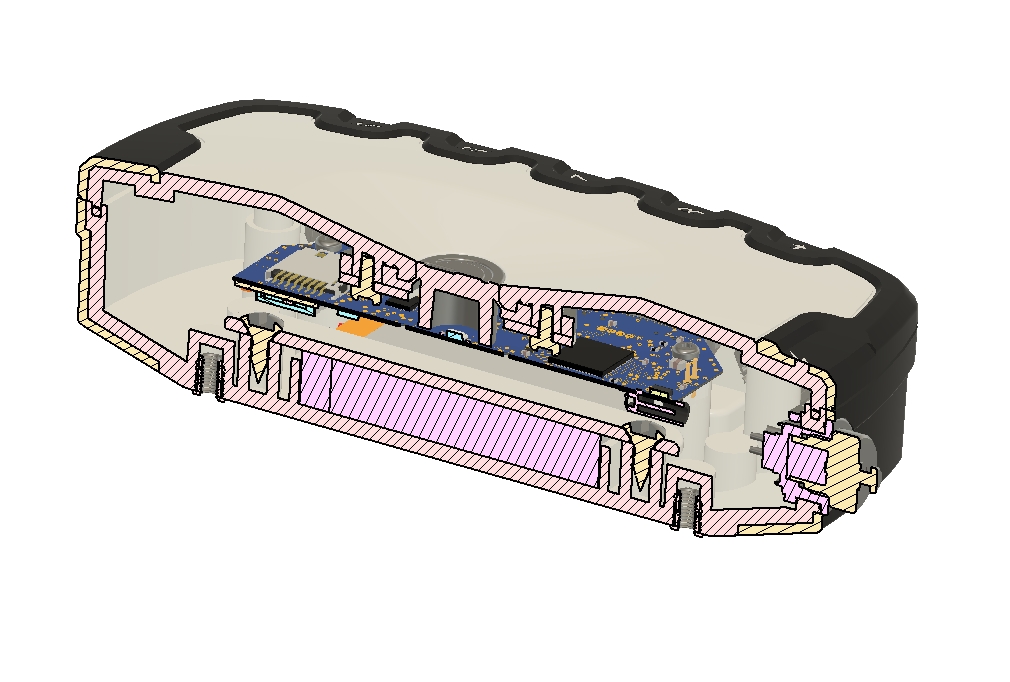 Electronic enclosure cross section illustrating internal component packaging
