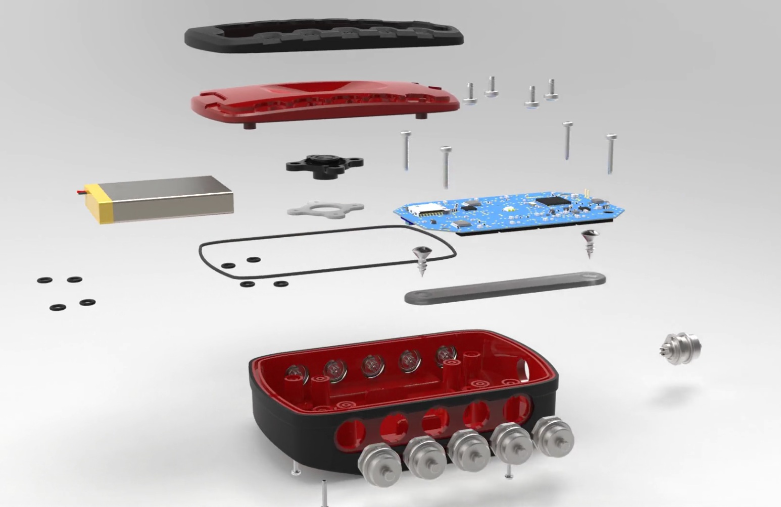 Exploded view of electronic enclosure showing PCB mounting, enclosure parts, and assembly structure.