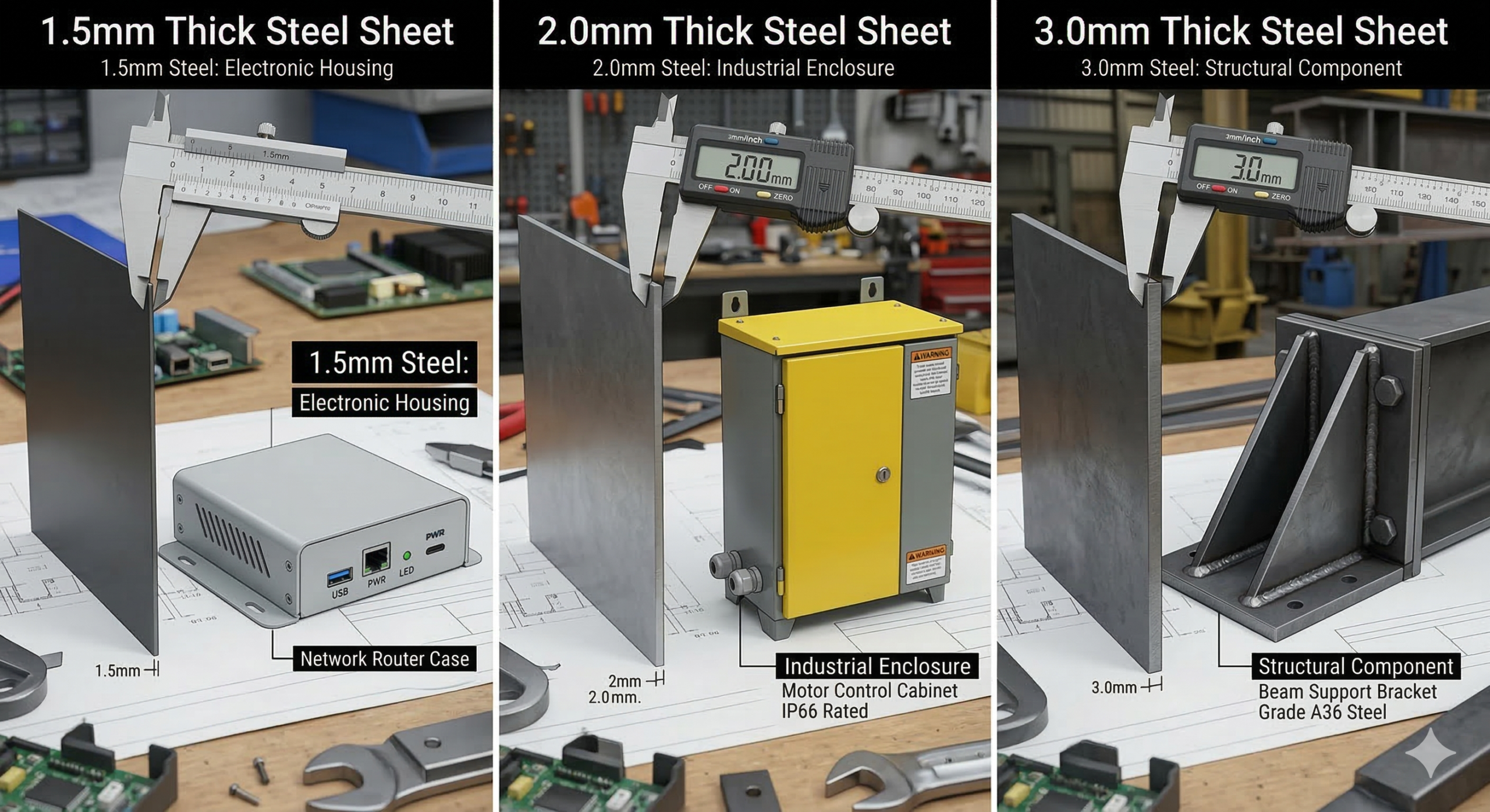 Sheet metal thickness guidelines showing typical thickness selection for enclosures, brackets, and structural components.